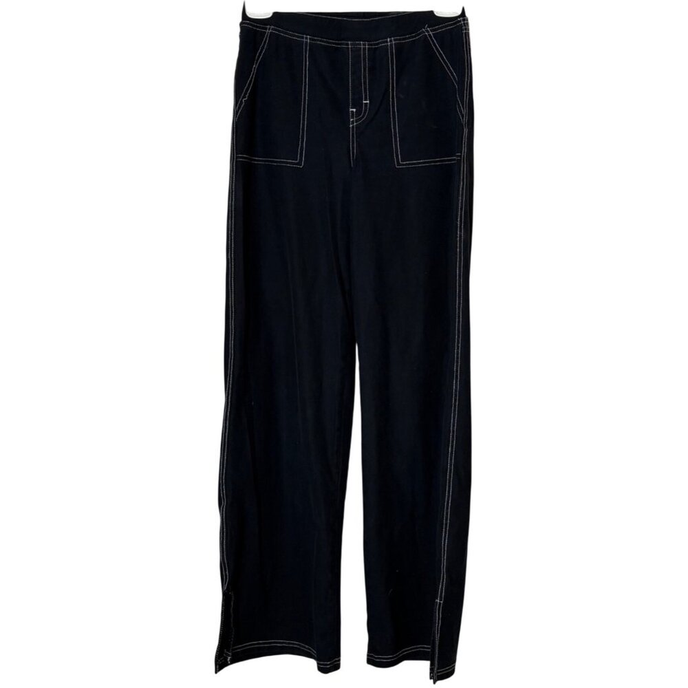 H&M Girls Size 20 Black Wide Leg Pants White Contrast Stitch Pull On Stretch